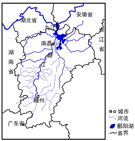 材料二:我国南方部分省区及赣江流域分布图